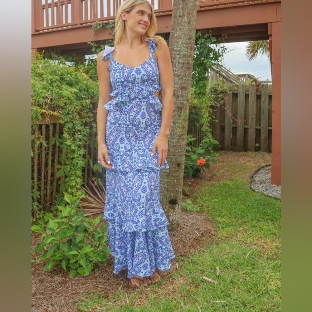 New Simply Southern Vacation Southern Paisley Turle Pineapple Maxi blue dress XL